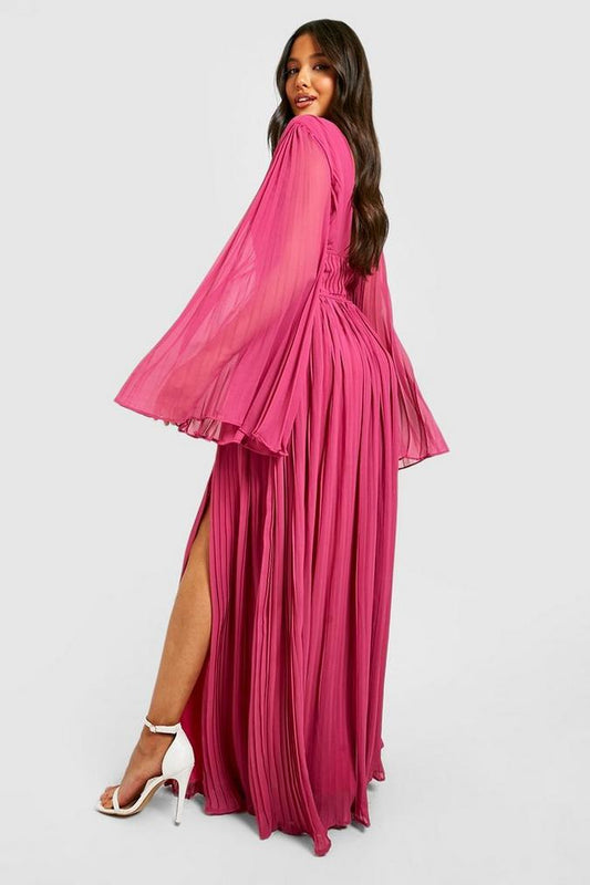 Boohoo Magenta pink Onye na-alụ nwanyị ọhụrụ Pleated Chiffon Maxi Dress