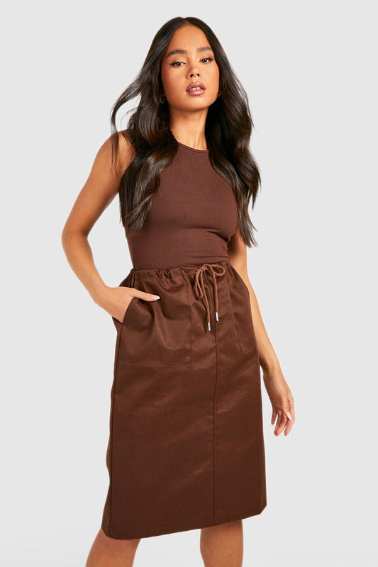 Boohoo Chocolate Brown Petite Saƙa Drawcord Cargo Midi Skirt