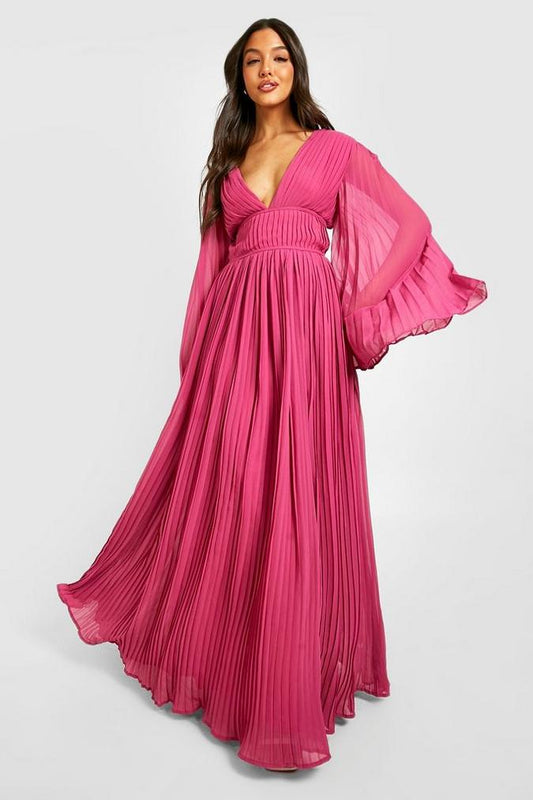 Boohoo Magenta pink Onye na-alụ nwanyị ọhụrụ Pleated Chiffon Maxi Dress